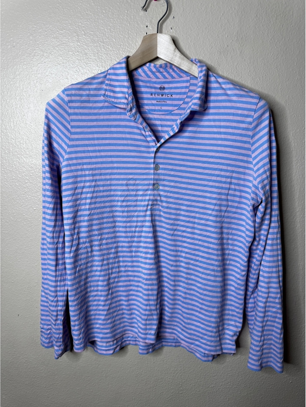 Renwick Polo Shirt Men's Medium Large Blue Pink Striped Long Sleeve Pima Cotton